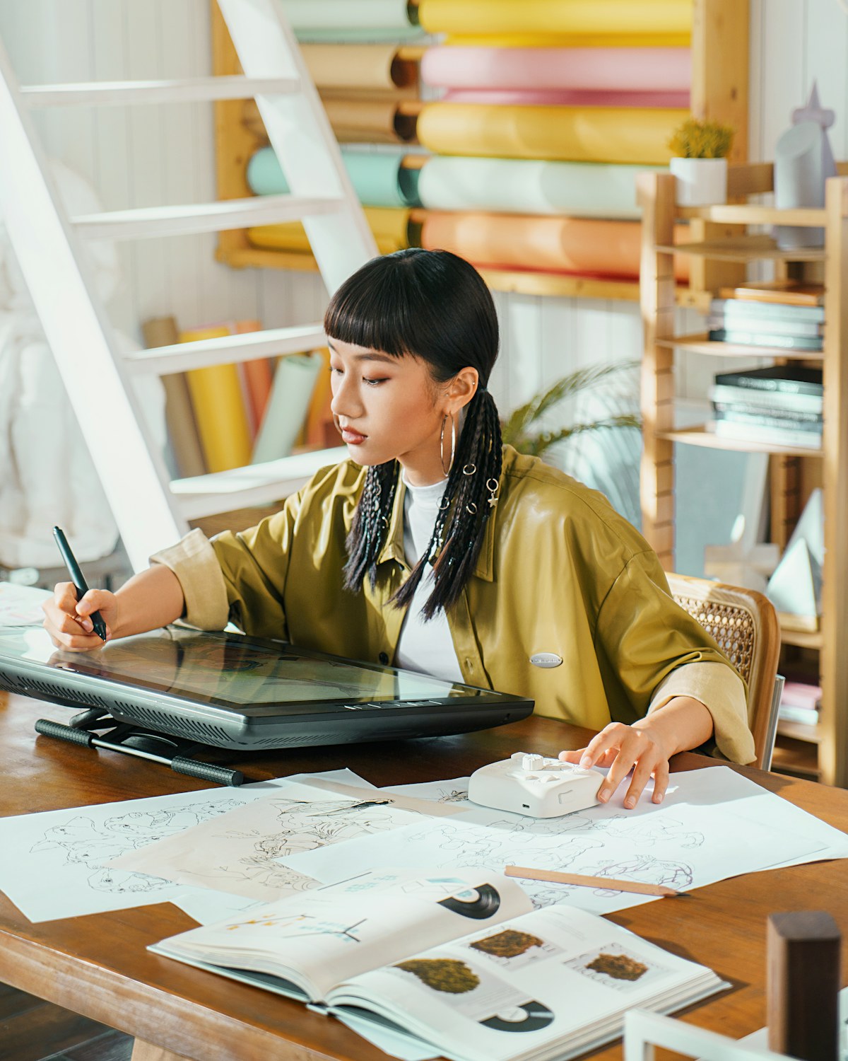 A designer drawing on a tablet in her studio