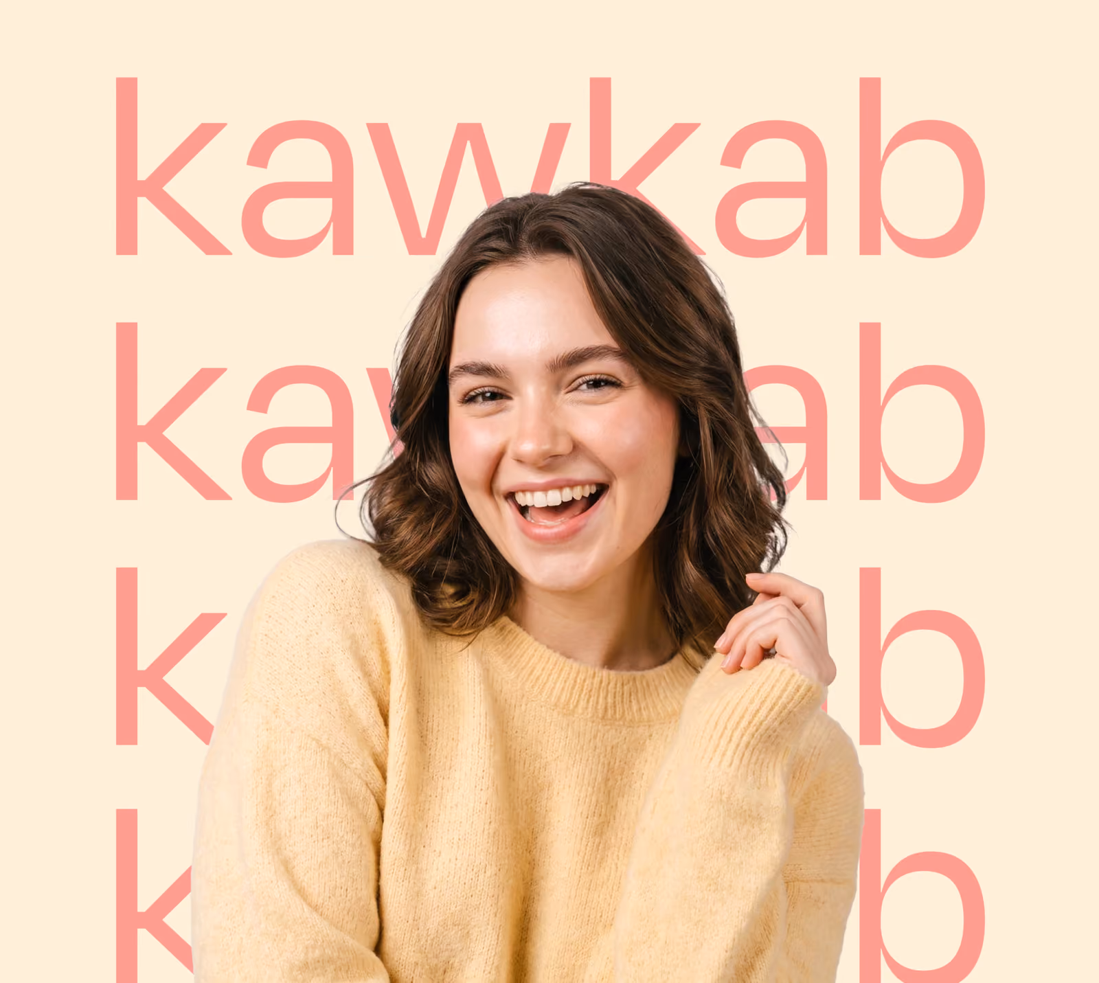 Repeated wordmark pattern behind a lifestyle portrait
